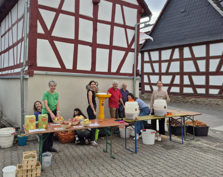 Mitglieder des BUND beim Keltern von Äpfeln in Oberseelbach